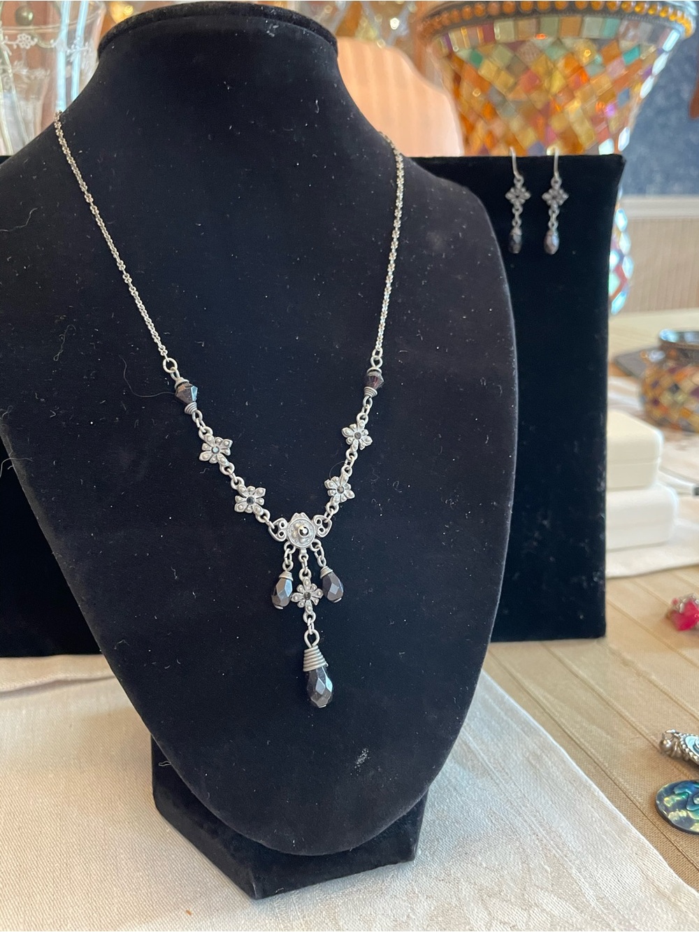 Silver Floral Drop Necklace with Black Crystal Accents - Women Jewelry